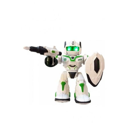 Robot de jucarie CoolestRobot Doty®, se invarte, spune povesti in lb engleza, arunca sageti, scut inclus, alb/verde [4]