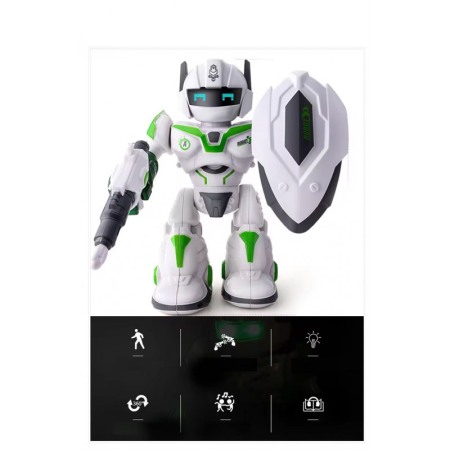 Robot de jucarie CoolestRobot Doty®, se invarte, spune povesti in lb engleza, arunca sageti, scut inclus, alb/verde [5]