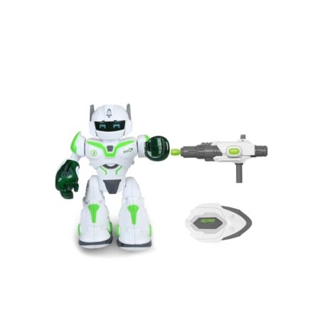 Robot de jucarie CoolestRobot Doty®, se invarte, spune povesti in lb engleza, arunca sageti, scut inclus, alb/verde [3]