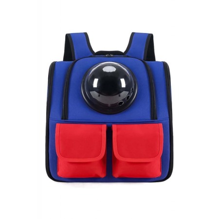Transport pisici și alte accesorii - Rucsac cu bula de astronaut , buzunare frontale,  albastru cu rosu , 36 cm , doty