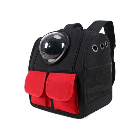 Transport pisici și alte accesorii - Rucsac cu bula de astronaut , buzunare frontale,  negru cu rosu , 36 cm , doty