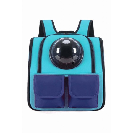 Transport pisici și alte accesorii - Rucsac cu bula de astronaut , buzunare frontale,  turcoaz cu bleumarin , 36 cm , doty