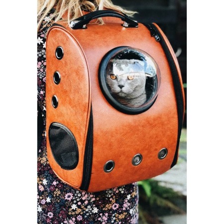 Transport pisici și alte accesorii - Rucsac maro cu capsula astronaut, pentru caini si pisici de talie mica ,spatiu respirabil , piele ecologica 39 cm ,Doty