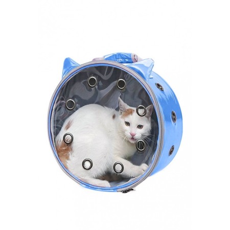 Transport pisici și alte accesorii - Rucsac rotund Zeze pentru caini si pisici de talie mica, capac transparent, design sidefat cu urechi,orificii aerisire,albastru,