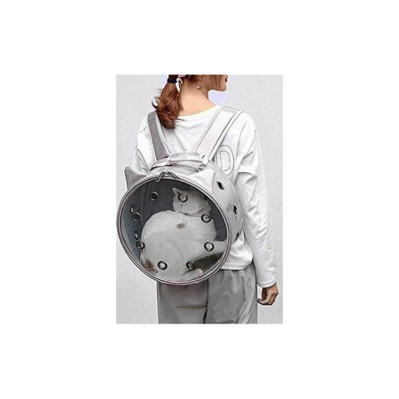 Transport pisici și alte accesorii - Rucsac rotund Zeze pentru caini si pisici de talie mica, capac transparent, design sidefat cu urechi,orificii aerisire,gri,doty