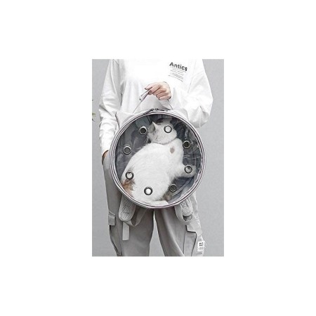 Rucsac rotund Zeze pentru caini si pisici de talie mica, capac transparent, design sidefat cu urechi,orificii aerisire,gri,doty [4]