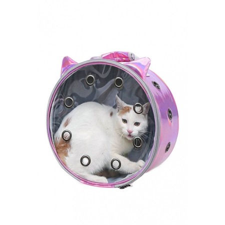 Animale De Companie - Rucsac rotund Zeze pentru caini si pisici de talie mica, capac transparent, design sidefat cu urechi,orificii aerisire,mov desch