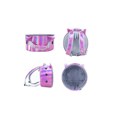Rucsac rotund Zeze pentru caini si pisici de talie mica, capac transparent, design sidefat cu urechi,orificii aerisire,mov desch [4]