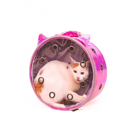 Animale De Companie - Rucsac rotund Zeze pentru caini si pisici de talie mica, capac transparent, design sidefat cu urechi,orificii aerisire,roz cicla