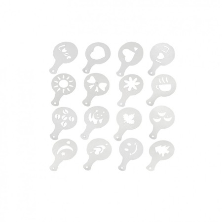 USTENSILE & ARTICOLE BUCATARIE - Set 16 forme de ornat cafea sau prajituri CoffeeArt, din plastic, reutilizabile, transparente, D