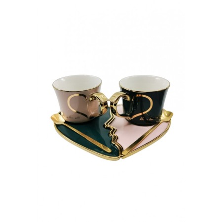 Cadouri unice - Set 2 cesti EliteCups Doty®, cu farfurie si lingurita, design inima, accente aurii, roz/verde smarald, 180 ml