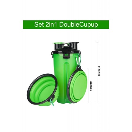 Set 2 in 1 Dispenser portabil Doublecupup Doty® pentru animale, cu 2 boluri pliabile, hrana solida/lichida, 350g/350ml, verde [6]
