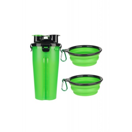 Boluri și distribuitoare de hrană și apă - Set 2 in 1 Dispenser portabil Doublecupup Doty® pentru animale, cu 2 boluri pliabile, hrana solida/lichida, 350g/350ml, verde