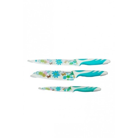 Set 3 cutite de bucatarie cu invelis ceramic, design floral ,maner din cauciuc antialunecare, alb/albastru, protectie antimicrob [5]