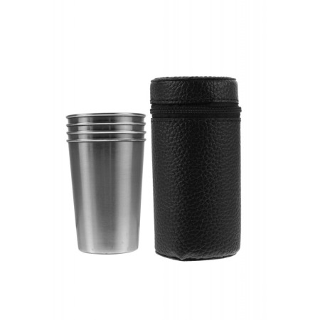 Set 4 pahare din inox, cu husa din piele ecologica cu fermoar, portabil, practic, 12x6 cm, negru, Doty® [5]