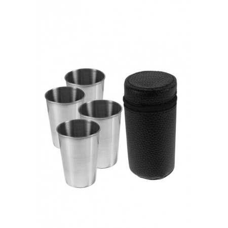 IDEEI DE CADOURI - Set 4 pahare din inox, cu husa din piele ecologica cu fermoar, portabil, practic, 12x6 cm, negru, Doty®