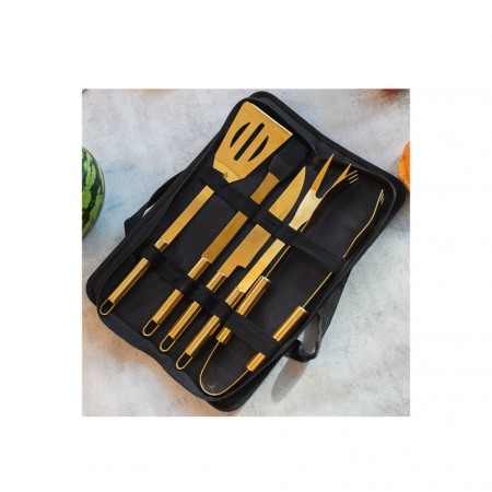 USTENSILE & ARTICOLE BUCATARIE - Set 5 ustensile pentru gratar Luxury Gold BBQ, materiale de calitate, geanta depozitare inclusa, auriu