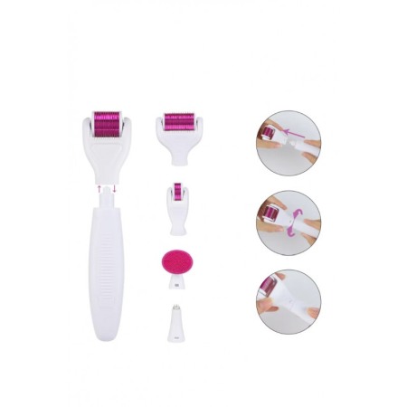 Set Aparat 6 in 1 cu ace din titan pentru regenerarea pielii PinSkin Doty®, manual, anti imbatranire, 5 capete, alb/roz [2]
