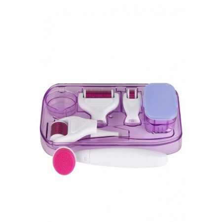 Set Aparat 6 in 1 cu ace din titan pentru regenerarea pielii PinSkin Doty®, manual, anti imbatranire, 5 capete, alb/roz [1]