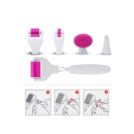 Set Aparat 6 in 1 cu ace din titan pentru regenerarea pielii PinSkin Doty®, manual, anti imbatranire, 5 capete, alb/roz [4]