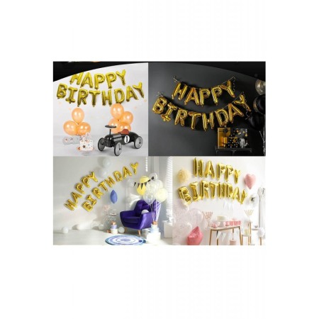 Set baloane auriu Happy Birthday ,din folie de aluminiu , panglica, dimensiune litera 40 cm, doty [3]