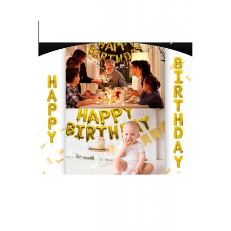 Set baloane auriu Happy Birthday ,din folie de aluminiu , panglica, dimensiune litera 40 cm, doty [2]