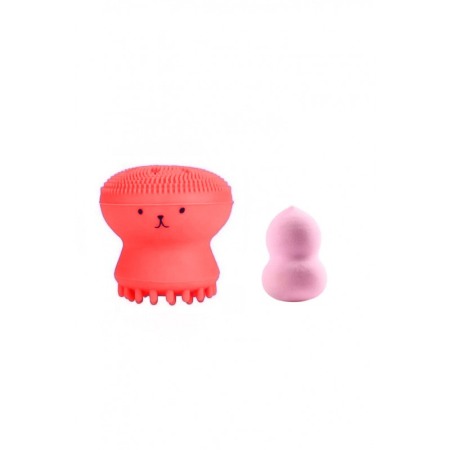 Aparate & Accesorii ingrijire personala - Set Bonita cu buretel cosmetic in forma de para si dispozitiv de curatare faciala, din silicon, rosu/roz pudra