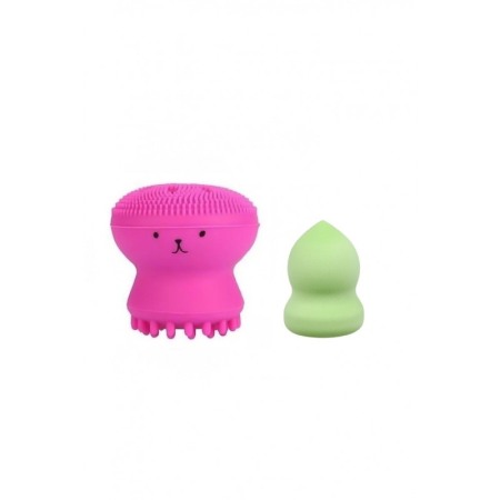 Aparate & Accesorii ingrijire personala - Set Bonita cu buretel cosmetic in forma de para si dispozitiv de curatare faciala, din silicon, roz/verde