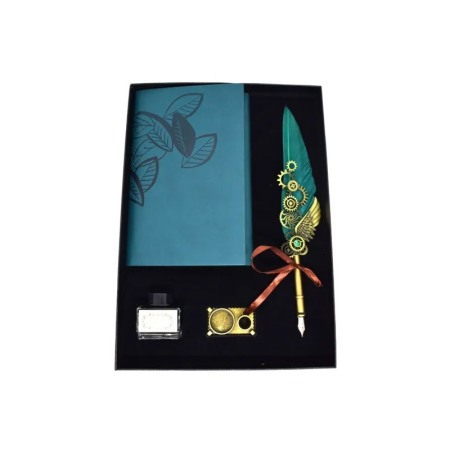 Set cadou de caligrafie vintage EpoqueInk Doty®, cu agenda inclusa, calimara si suport, accente aurii, stilou cu pana, albastru [5]