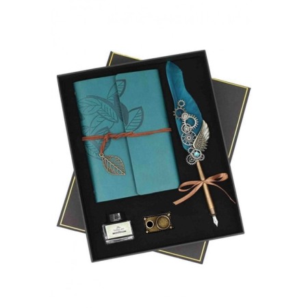 Set cadou de caligrafie vintage EpoqueInk Doty®, cu agenda inclusa, calimara si suport, accente aurii, stilou cu pana, albastru [2]