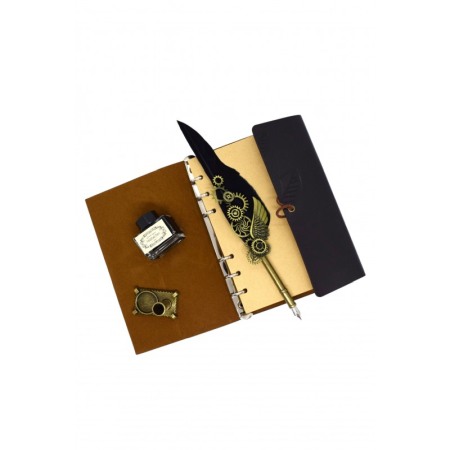 Cadouri unice - Set cadou de caligrafie vintage EpoqueInk Doty®, cu agenda inclusa, calimara si suport, accente aurii, stilou cu pana, negru