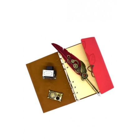 Cadouri unice - Set cadou de caligrafie vintage EpoqueInk Doty®, cu agenda inclusa, calimara si suport, accente aurii, stilou cu pana, rosu