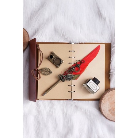 Set cadou de caligrafie vintage EpoqueInk Doty®, cu agenda inclusa, calimara si suport, accente aurii, stilou cu pana, rosu [4]
