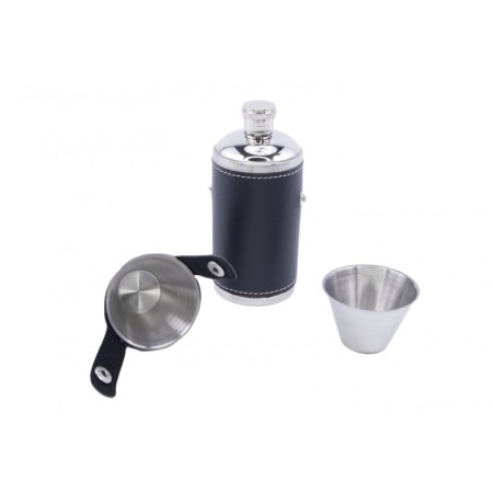 CADOURI SI SETURI - Set cadou mini plosca outdoor din metal, 2 pahare shot, husa piele ecologica neagra, util, 100 ml, doty