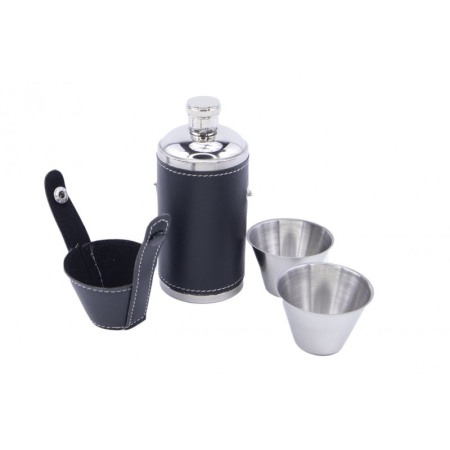 Set cadou mini plosca outdoor din metal, 2 pahare shot, husa piele ecologica neagra, util, 100 ml, doty [2]