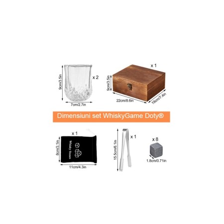 Set cadou pentru barbati WhiskyGame Doty®, cutie eleganta din lemn, 2 pahare, cleste, 8 cuburi din granit si suport pahare, [7]