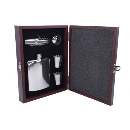 CADOURI SI SETURI - Set cadou plosca metalica cu 2 mini pahare din inox, desfacator,palnie, plosca 200 ml, cutie lemn rosu,incuietoare metalica, des