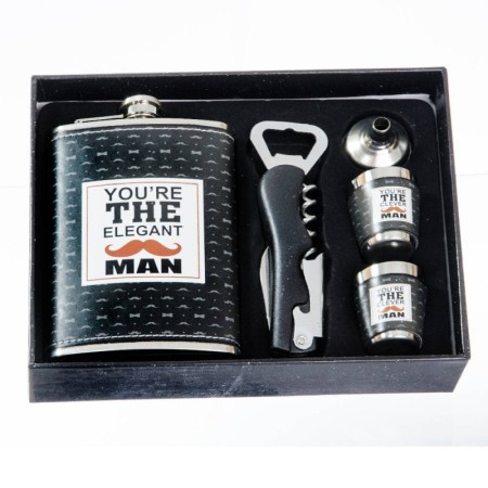 Set cadou plosca metalica cu 2 mini pahare din inox, desfacator,palnie, plosca 200 ml, design modern,mesaj inscriptionat, doty [0]