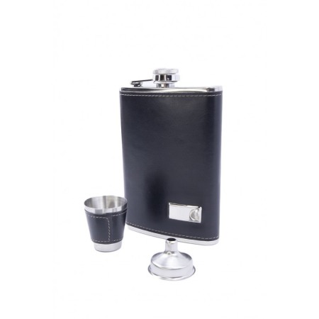 Set cadou plosca metalica cu mini pahar,palnie si breloc ,inox,250 ml, setul este imbracat in piele ecologica de culoare neagra, [2]