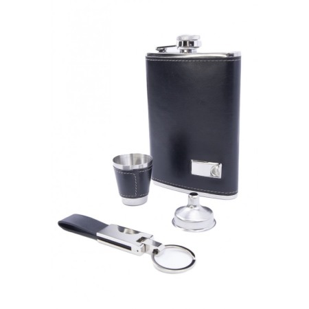 Set cadou plosca metalica cu mini pahar,palnie si breloc ,inox,250 ml, setul este imbracat in piele ecologica de culoare neagra, [3]