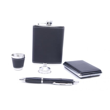 Set cadou plosca metalica cu mini pahar,palnie,tabachiera si pix,inox,250 ml, setul este imbracat in piele ecologica de culoare [4]