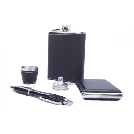 Set cadou plosca metalica cu mini pahar,palnie,tabachiera si pix,inox,250 ml, setul este imbracat in piele ecologica de culoare [3]