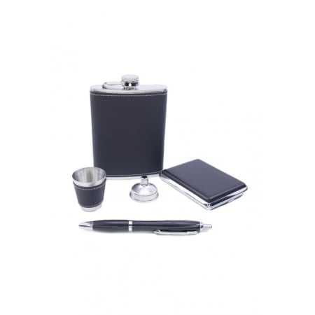 Set cadou plosca metalica cu mini pahar,palnie,tabachiera si pix,inox,250 ml, setul este imbracat in piele ecologica de culoare [2]