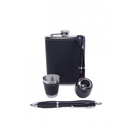 Set cadou plosca metalica cu mini pahar,pipa si pix,inox,250 ml, setul este imbracat in piele ecologica de culoare neagra,doty [2]