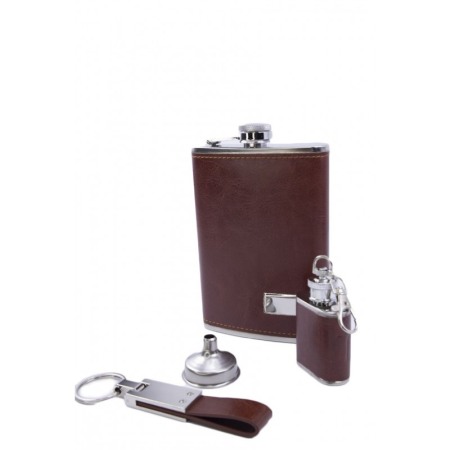 Set cadou plosca metalica cu palnie si 2 brelocuri,inox,250 ml, setul este imbracat in piele ecologica de culoare maro deschis,d [3]