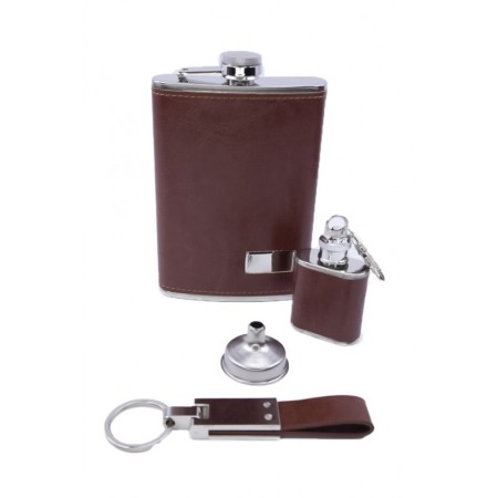 Set cadou plosca metalica cu palnie si 2 brelocuri,inox,250 ml, setul este imbracat in piele ecologica de culoare maro deschis,d [1]