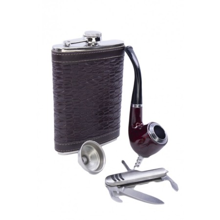 Set cadou plosca metalica cu pipa, desfacator si palnie,inox,250 ml, plosca este invelita in piele ecologica tip croco de culoar [2]