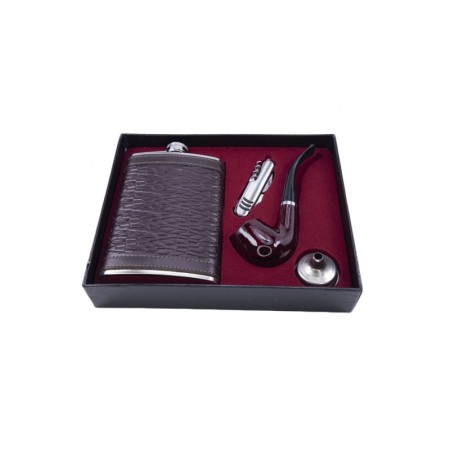CADOURI SI SETURI - Set cadou plosca metalica cu pipa, desfacator si palnie,inox,250 ml, plosca este invelita in piele ecologica tip croco de culoar