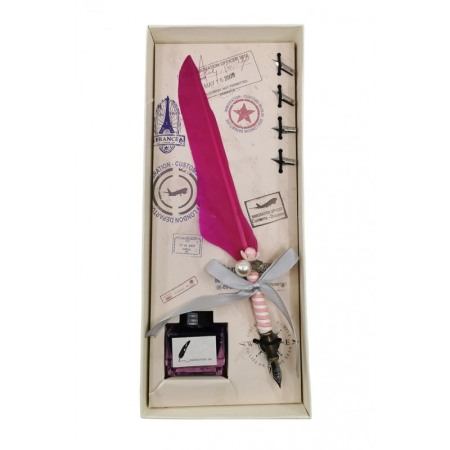 CADOURI SI SETURI - Set caligrafie vintage OldGoldNip, cu penite incluse si calimara, stilou cu pana, roz magenta, Doty®️
