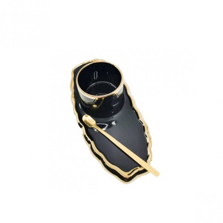 Set Ceasca Black Royal, lingurita si farfurie incluse, 25 cm, forma asimetrica, accente aurii, 100 ml, negru [1]